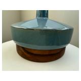 West Elm Ceramic Table Lamp Blue Wood Base White Drum Shade