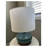 West Elm Ceramic Table Lamp Blue Wood Base White Drum Shade