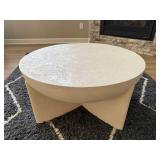 Round Faux Stone Plaster Look Coffee Table Cream 16in Tall Crack