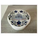 Handmade White Marble Inlay Taj Mahal Trinket Box Round Lid