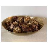 Gold Tone Oval Centerpiece Bowl with Pinecone Potpourri Decor Set