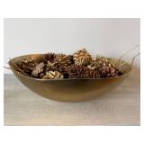 Gold Tone Oval Centerpiece Bowl with Pinecone Potpourri Decor Set