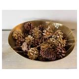 Gold Tone Oval Centerpiece Bowl with Pinecone Potpourri Decor Set
