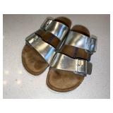 Birkenstock Arizona Silver Two Strap Sandals Size 37 Narrow Good