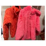 Free People Pink Faux Fur Hooded Jacket S + Orange Quilted Coat Lot