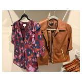 Evereve Faux Leather Moto Jacket & Floral Blouse Lot S M Good