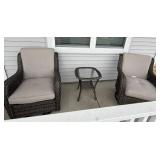 3 Pc Resin Wicker Patio Gliding and Swivel Chair Set w Glass Side Table Beige