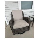 3 Pc Resin Wicker Patio Gliding and Swivel Chair Set w Glass Side Table Beige