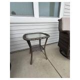 3 Pc Resin Wicker Patio Gliding and Swivel Chair Set w Glass Side Table Beige