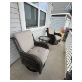 3 Pc Resin Wicker Patio Gliding and Swivel Chair Set w Glass Side Table Beige