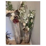 Pair of Rustic Wood Floor Vases - Dried Floral Arrangements, Pinecones & Red Berries