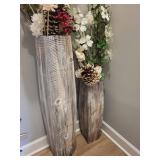 Pair of Rustic Wood Floor Vases - Dried Floral Arrangements, Pinecones & Red Berries