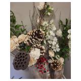 Pair of Rustic Wood Floor Vases - Dried Floral Arrangements, Pinecones & Red Berries