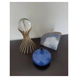 Blue Round Bottle Vase, Blue-Gray Agate Slab & Gold Wire Orb - Decorative Trio