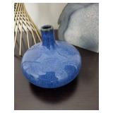 Blue Round Bottle Vase, Blue-Gray Agate Slab & Gold Wire Orb - Decorative Trio