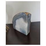 Blue Round Bottle Vase, Blue-Gray Agate Slab & Gold Wire Orb - Decorative Trio