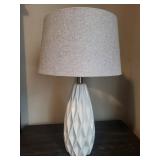 Set of 2 White Ceramic Table Lamps with Diamond-Texture Bases & Beige Linen Shades