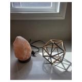 Himalayan Salt Lamp on Black Base & Copper Geometric Frame Sculpture