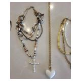 Beaded Necklaces Set - Pearl, Shell & Mixed Beads with Cross & Heart Pendants