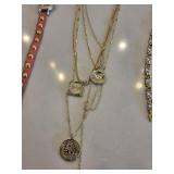 Watch & Jewelry Lot - Pink Dial Crystal-Bezel Watch, Cross Bracelet, Layered Necklaces (Lot of 4)