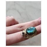Labradorite Ring with Garnet Accent - Sterling Silver Filigree, Oval Cabochon, Size 5