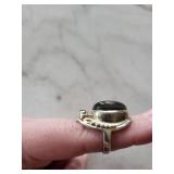 Labradorite Ring with Garnet Accent - Sterling Silver Filigree, Oval Cabochon, Size 5