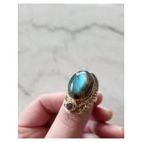 Labradorite Ring with Garnet Accent - Sterling Silver Filigree, Oval Cabochon, Size 5