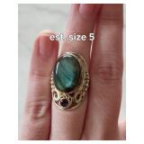 Labradorite Ring with Garnet Accent - Sterling Silver Filigree, Oval Cabochon, Size 5