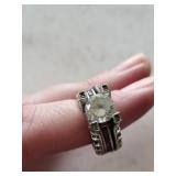 10K White Gold Ring - Round-Cut Center Stone with Amethyst Side Stones