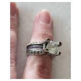 10K White Gold Ring - Round-Cut Center Stone with Amethyst Side Stones