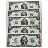 2017 A Green Seal $2 Dollar Federal Reserve Notes Uncirculated 4 Are Consecutive #