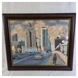 Framed City Street Painting – Urban Skyline Bridge Scene Artwork