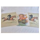 Vintage Western & Portrait Prints Lot of 3 – Cowboy Horse Rider & Woman Illustration Art