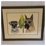 June Williams 1978 Dog Parrot Portrait Framed Art Schnauzer Great Dane