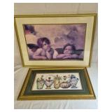 Vintage Framed Wall Art Set Cherub Angels & Perfume Bottles Prints