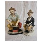 Hand Painted Ceramic Blacksmith and Seated Man Figurines