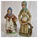 Hand Painted Figurines Women with Vegetables and Rabbit Scene