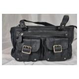 Black Faux Leather Handbag with Buckle Pockets