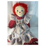 Vintage Raggedy Ann Cloth Doll – Red Yarn Hair Blue Stripe Dress