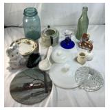 Assorted Vintage Glassware and Kitchenware – Ball Jar Milk Glass Painted Plate