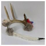 Decorative Antler Piece with Fur and Feather Accents
