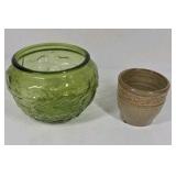Green Embossed Glass Bowl and Ceramic Planter – Textured Floral Design