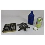 Cobalt Blue Bottle, Cast Iron Trivet, and Tool Set Lot