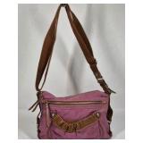Fossil Crossbody Bag Pink Canvas Brown Leather Trim Adjustable Strap