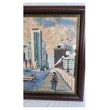 Framed City Street Painting – Urban Skyline Bridge Scene Artwork