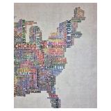USA Map Word Art Canvas – City Names Typography Wall Art