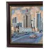 Framed City Street Painting – Urban Skyline Bridge Scene Artwork
