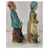 Vintage Porcelain Farmer Couple Figurines Japan Hand Painted Set