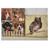 Vintage Dog & Owl Canvas Wall Art Set Hound Dogs Owl Rustic Decor