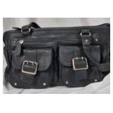 Black Faux Leather Handbag with Buckle Pockets